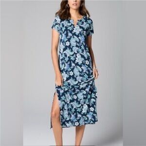 J Jill Women’s Dark Ocean Retro Jacobean Split Neck Floral Maxi Dress Beach SP